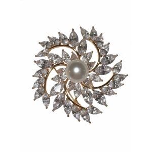 Elegant Gold Plated Floral Brooch Pin for Women White Crystals